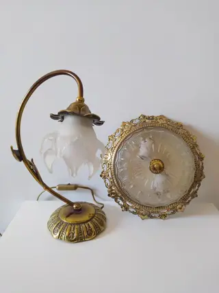 Plafondlamp, Tafellamp (2) - Glas, Legering