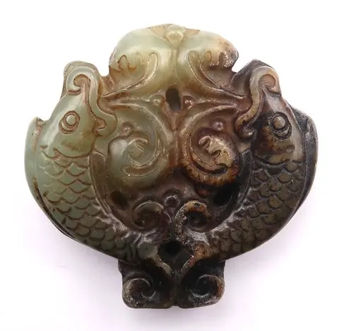 Schitterend beschermend amulet - De twee gouden vissen (Ashtamangala) - Serpentine - Geluk, vruchtbaarheid, overvloed