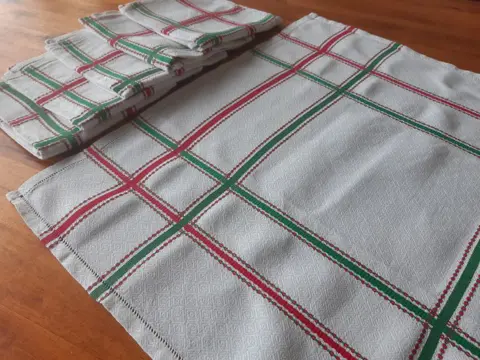 partij servetten met groen/rood patroon (12) - Linnen - Midden 20e eeuw