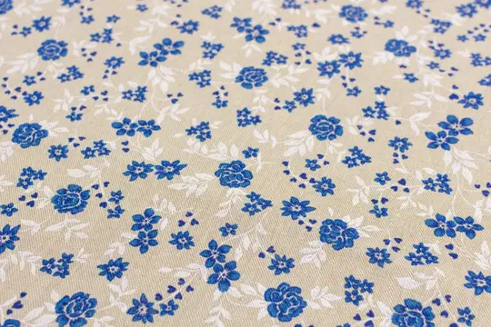 5.00 x 2.80 METER !!! Panamastof in katoenmix met een beige achtergrond met blauwe en witte bloemen - Katoen, ander - 21e eeuw