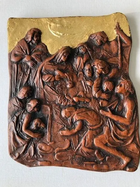 Giuseppe Pavone - Artistiek bas-reliëf gesigneerd "aanbidding van de herder" (1) - Modern - Terracotta
