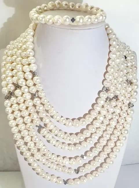 Zoetwaterparels collier en armband met Griekse kruizen (bescherming & balans) (2) - hematiet - 925 zilveren broche