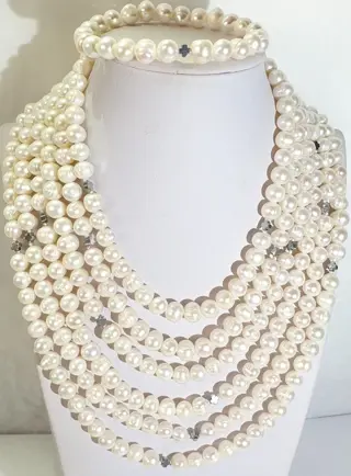 Zoetwaterparels collier en armband met Griekse kruizen (bescherming & balans) (2) - hematiet - 925 zilveren broche