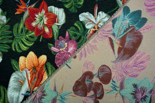 5.00 x 1.40 METER !!! Luxe gobelinstof met prachtig bloemenpatroon op zwarte achtergrond - Katoen, ander - 21e eeuw