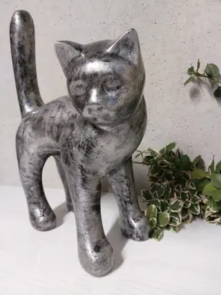 beautiful cat statue patinated in silver bronze finish (1) - polyresin
