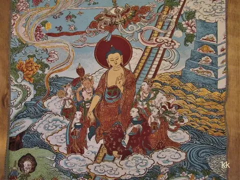 Thangka - Nepal - nieuw - origineel - Boeddhisme - "Tang Sakyamuni" - zijde/katoen/gouddraad