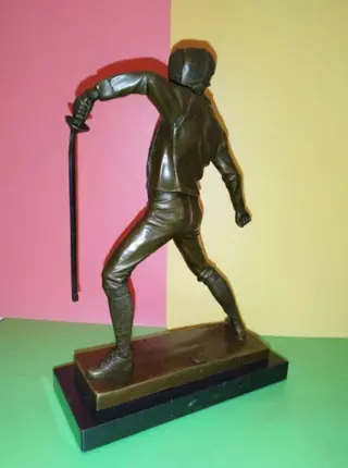 Lange - Bronzen beeld schermerbeeld op marmeren voet gesigneerd - Brons