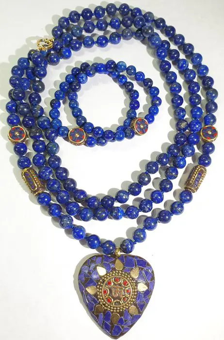 Lapislazuli collier & 2 armbanden - Graad AAAA - hart van om (3) - metaal, emaille