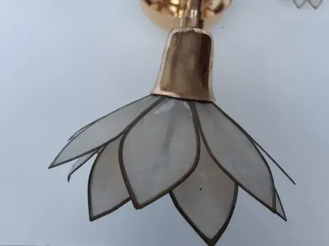 Brass Hollywood Regency chandelier with 3 mother of pearl flowers - Messing