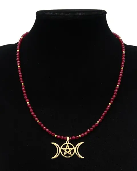 Wicca ketting - dubbele maan en pentagram - de ingewijde - Robijn, 14K Gold filled sluiting - Krachtige mystieke symbolen