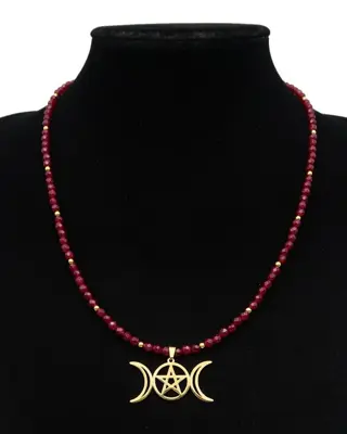 Wicca ketting - dubbele maan en pentagram - de ingewijde - Robijn, 14K Gold filled sluiting - Krachtige mystieke symbolen