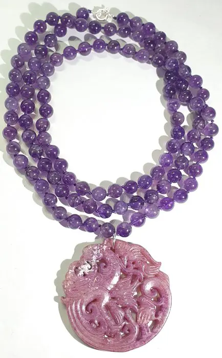 Amethist & agaat - mala meditatie ketting - 925 zilveren broche - Draak en Phoenix - symbool van trouw & echtelijke liefde