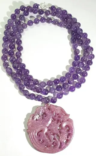 Amethist & agaat - mala meditatie ketting - 925 zilveren broche - Draak en Phoenix - symbool van trouw & echtelijke liefde