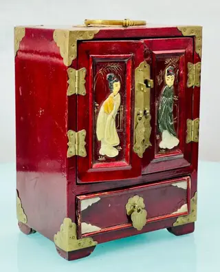 Gelakte juwelendoos - Messing, Steen (mineraal), Gelakt hout