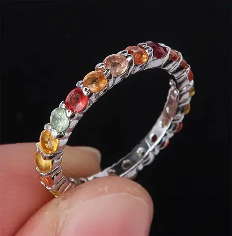 Saffier Eeuwigheid Ring - .925 zilver, Rood, Oranje, Geel, Groene Saffier - Steen der Wijzen - Harmonische Unie