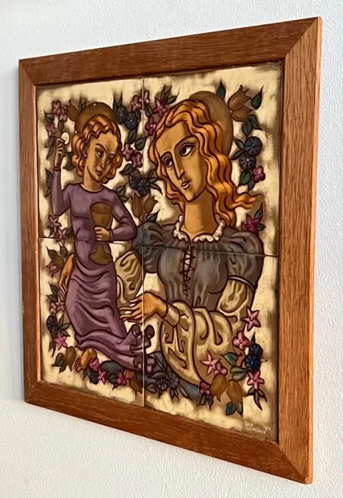 Alex Asperslagh (1901 - 1984) - Tegeltableau / schilderij van 4 tegels met Madonna met kind in eiken lijst - UNICA - Keramiek en eikenhout