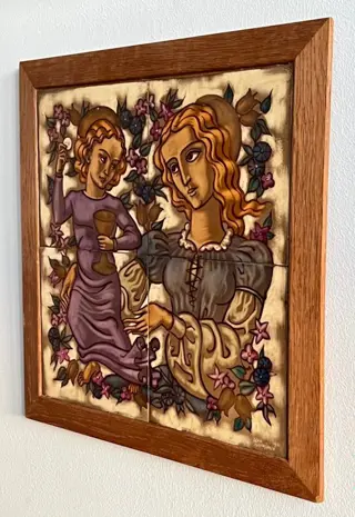 Alex Asperslagh (1901 - 1984) - Tegeltableau / schilderij van 4 tegels met Madonna met kind in eiken lijst - UNICA - Keramiek en eikenhout