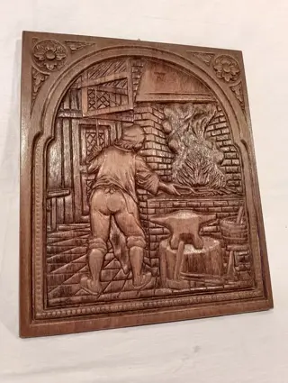 Groot ambachtelijk houtsnijwerk schilderij - Hout