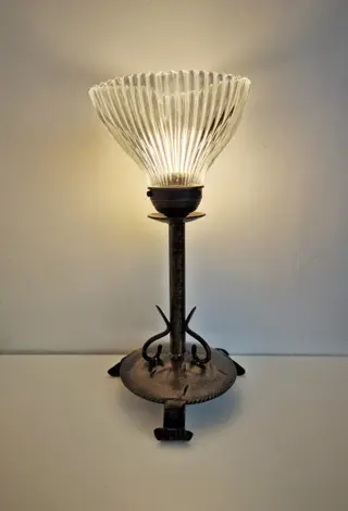 Antieke tafellamp met persglas kelk (1) - bronsmetaal , persglas