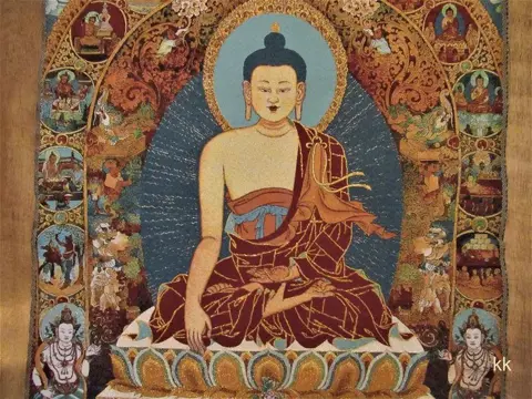 Thangka - nieuw - Boeddhisme - origineel Nepal - "Tang Sakyamuni" - zijde/katoen/gouddraad