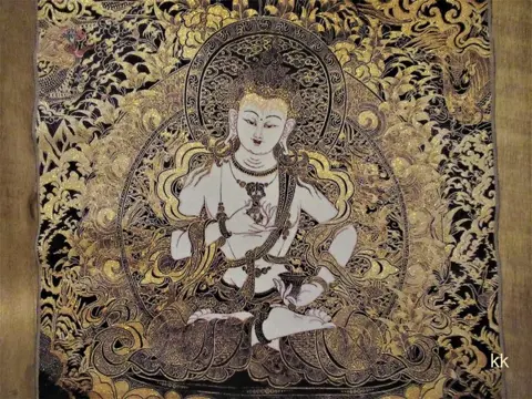 Thangka - Nepal - original - "White Tarra Varadamudra" Buddhism - silk/cotton/gold thread