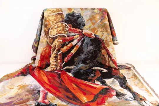 1.53 x 1.34 METER !!! Gobelin wandtapijt dat een scène van het stierenvechten voorstelt - Katoen, Textiel - 21e eeuw