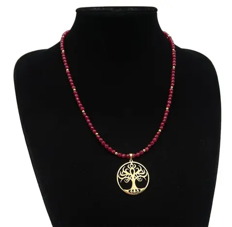 Ruby ketting versierd met een levensboom - Spirituele energie - Robijn, goud gevulde sluiting 14K goud - heilig symbool