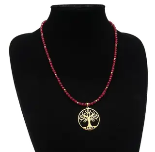 Ruby ketting versierd met een levensboom - Spirituele energie - Robijn, goud gevulde sluiting 14K goud - heilig symbool