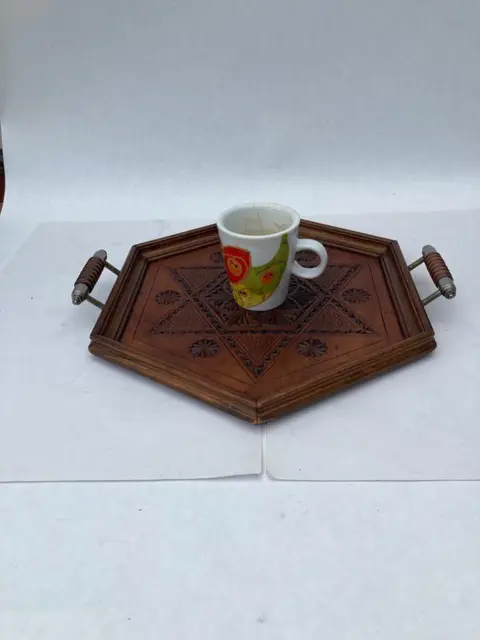 antiek hardhout gestoken dienblad met handvatten (1) - hardhout