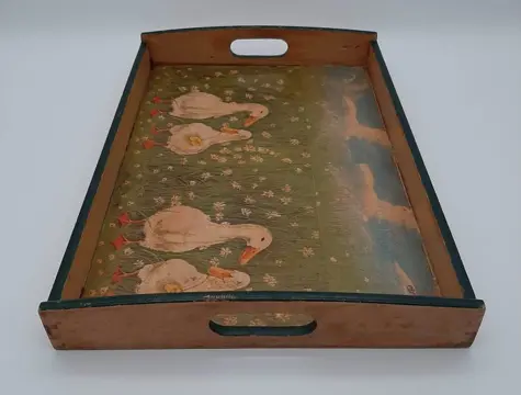 Vintage hand-painted tray geese - Hout