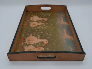Vintage hand-painted tray geese - Hout