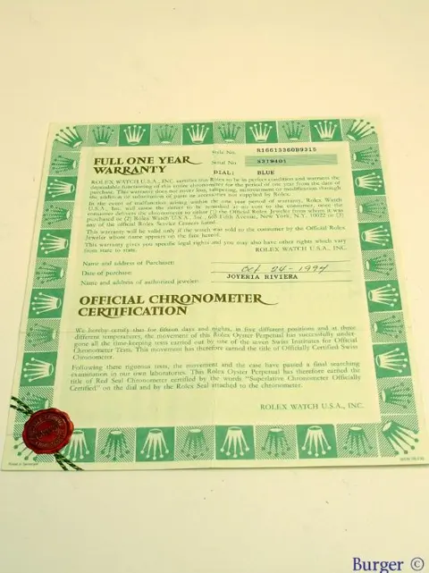 Rolex Warranty Certificate Ref: 16613