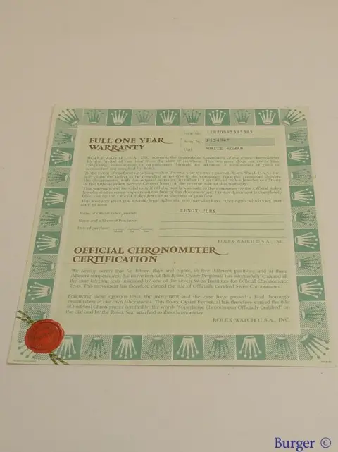 Rolex Warranty Certificate Ref: 118208