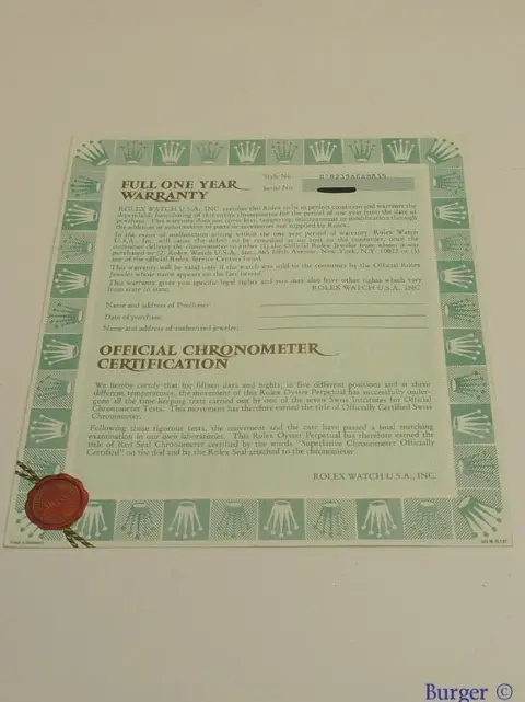 Rolex Warranty Certificate Ref: 18239
