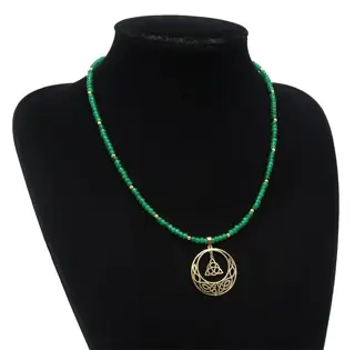 Smaragd kralen ketting met Keltisch kruis - Drievuldigheidsknoop (Triquetra) - .925 zilver, Smaragd, 14K Gold Filled Gold sluiting - Keltisch symbool van bescherming