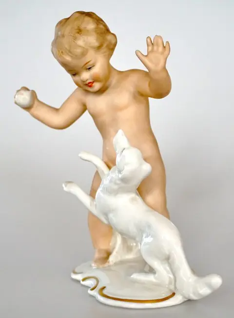 Wallendorf - Beeldjes, Paar Putti (Putto met konijnen en Putto met hond) (2) - Porselein