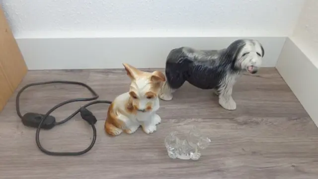 Oud rooketer beeldje lamp hond + porseleinen hond + glazen hond Schnauzer (3) - Glas, Porselein
