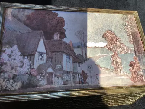 houten koperen opbergkist met Engels beschilderde tafereeltje (1) - Romantisch - hout koper