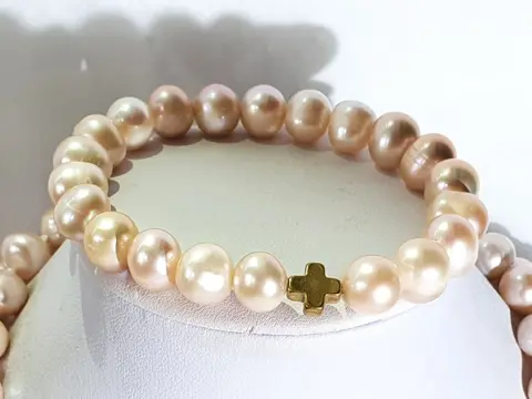 Roze zoetwaterparels (natuurlijke kleur - AAAA) - collier en armband met Griekse kruizen (2) - hematiet - vergulde 925 zilveren broche