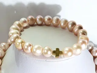 Roze zoetwaterparels (natuurlijke kleur - AAAA) - collier en armband met Griekse kruizen (2) - hematiet - vergulde 925 zilveren broche