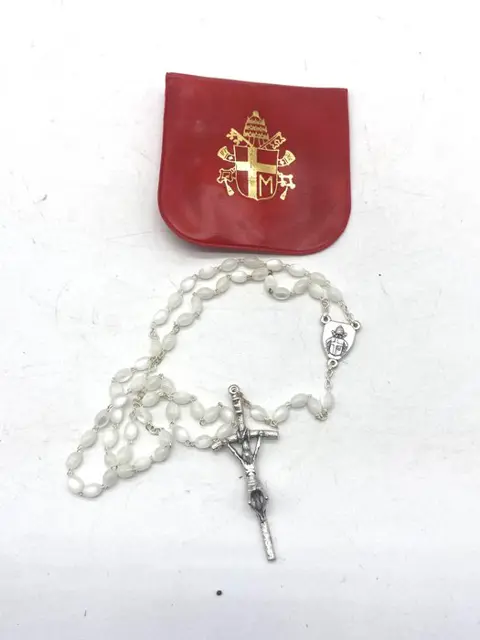 Exclusieve rozenkrans van de heilige paus Johannes Paulus II geschonken en gezegend met rode kast - (1) - Parelmoer glaspasta