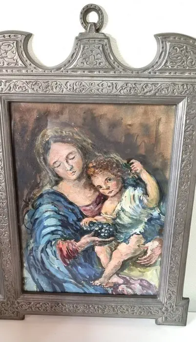 DEPOSE' A.A.M.H - Zeldzame antieke lijst van blik met een schilderij van de Madonna dell'Uva Eerste helft van de (1) - Tin/tin