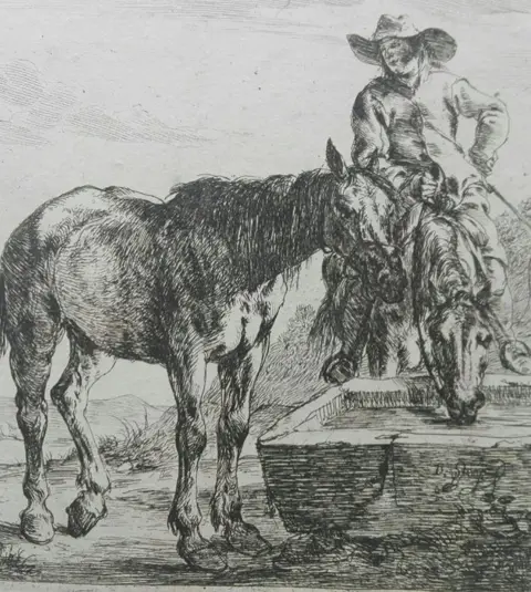 Dirk Stoop (1610 - 1686) - Two horses drinking from a trough