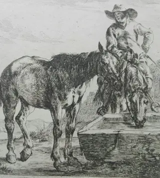 Dirk Stoop (1610 - 1686) - Two horses drinking from a trough