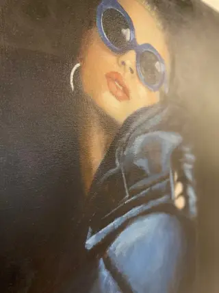 rkhercules - High Fashion model oil painting, blonde beautiful woman in blue wintercoat