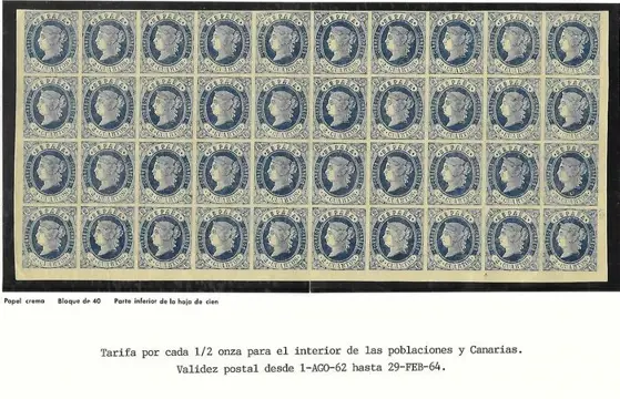 Spanje 1862 - 1862. Isabella II two cuartos, block of 40 mint stamps. Catalogue: €3,000 - Edifil 57