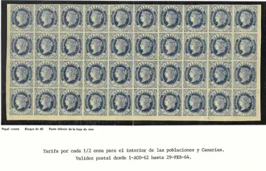 Spanje 1862 - 1862. Isabella II two cuartos, block of 40 mint stamps. Catalogue: €3,000 - Edifil 57