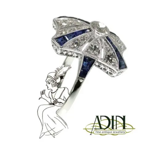 Vintage verlovingsring met blauw saffier en diamant