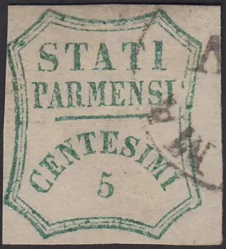 Italiaanse oude staten - Parma 1859 - Governo Provvisorio, c.5 verde azzurro usato con annullo originale - Sassone n. 12