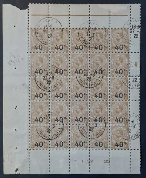 Monaco 1919 - 40 c. s. 30 c. bistre, panel of 25 - Yvert Taxe 12